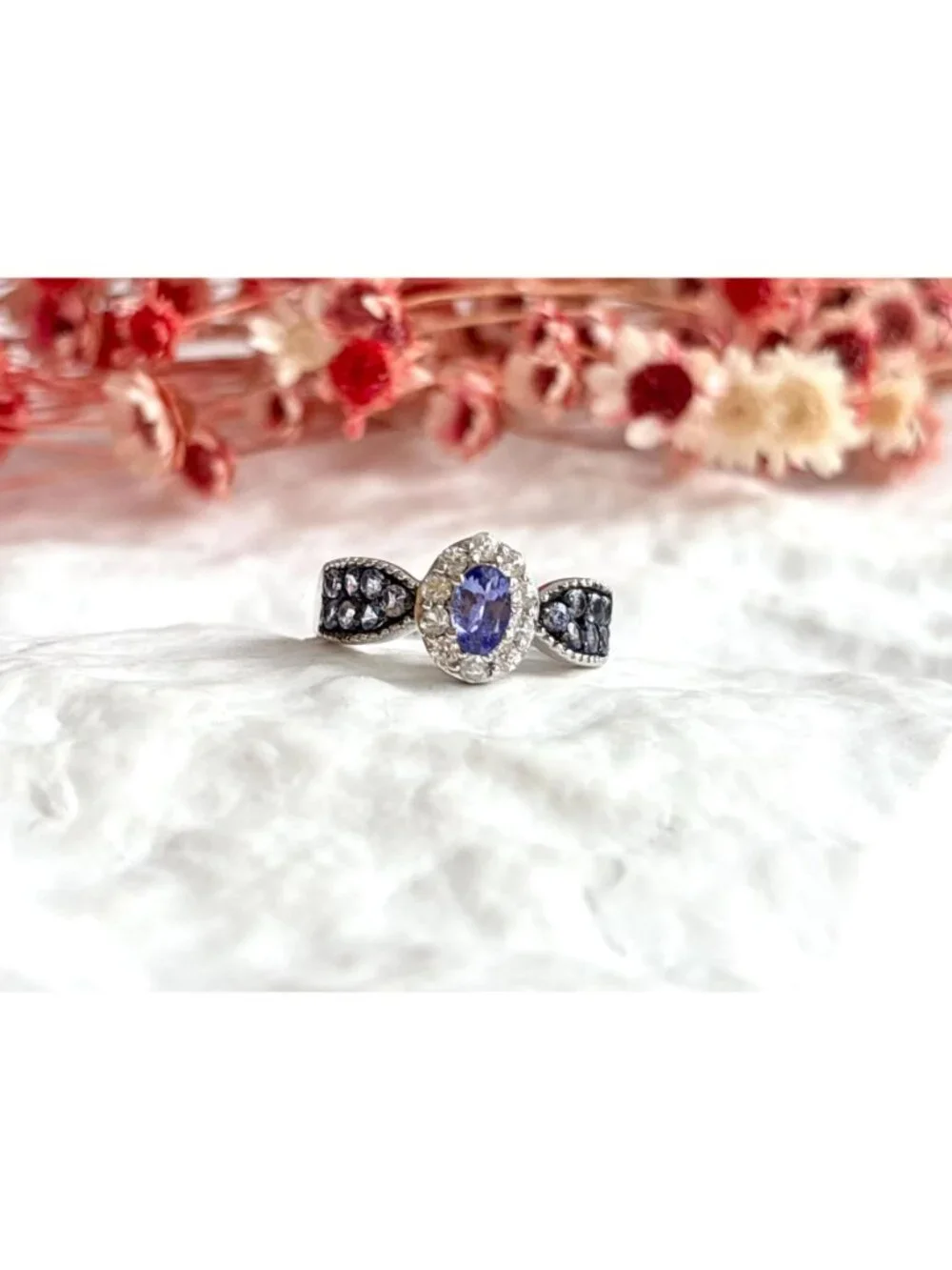 Tanzanite Gemstone Oval Cut Halo Style Sterling Silver 925 Vintage Ring - sz 8